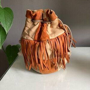 Leather Fringed Patchwork Drawstring Bucket Bag